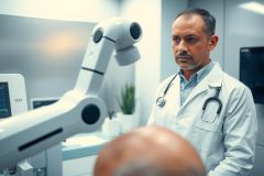 Doctor in a white coat examining a patient in a modern medical office. Focus on healthcare, medical examination, and professional setting.
