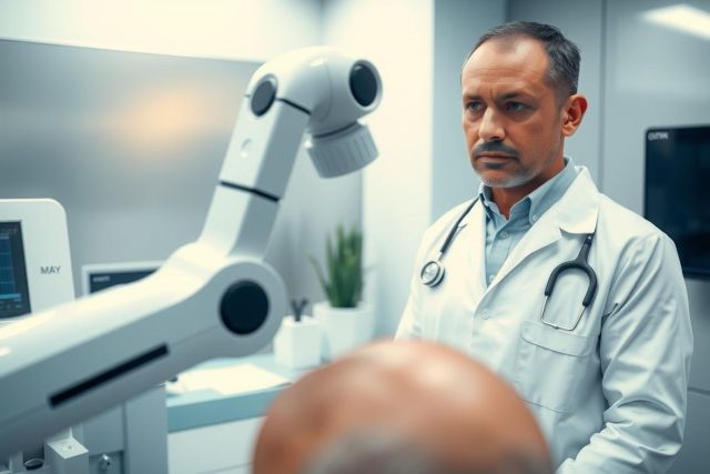 Doctor in a white coat examining a patient in a modern medical office. Focus on healthcare, medical examination, and professional setting.