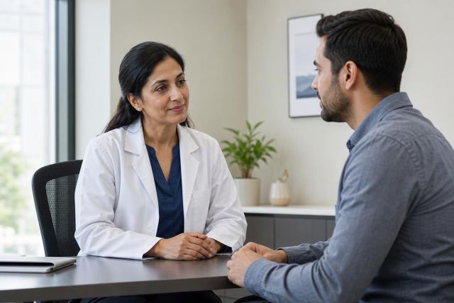 Doctor in white coat consulting with patient across desk in calm clinical office.