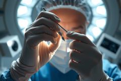 Close-up of gloved hands holding surgical instruments in an operating room. Bright, sterile environment with focused lighting. Represents surgery, medical procedure, and healthcare.