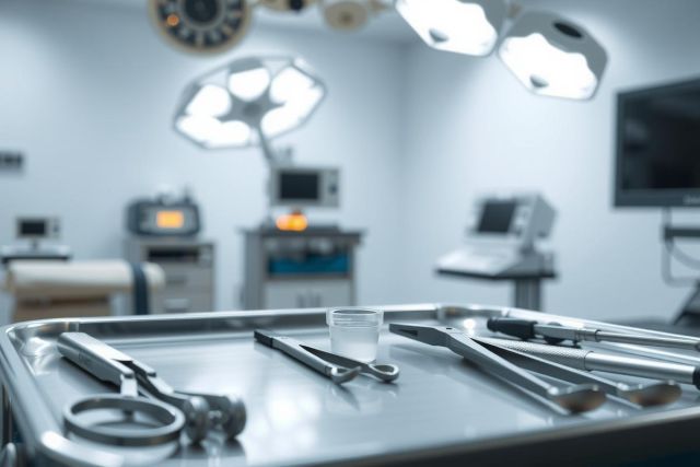 Surgical instruments on a sterile tray in an operating room setting. Close-up view of medical tools, highlighting precision and hygiene. The scene includes a blurred background of equipment and lighting.