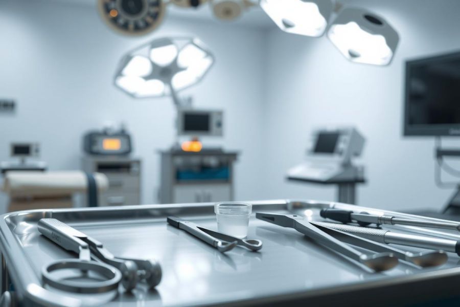 Surgical instruments on a sterile tray in an operating room setting. Close-up view of medical tools, highlighting precision and hygiene. The scene includes a blurred background of equipment and lighting.