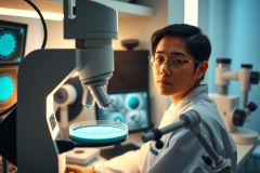 Scientist in a lab examining cells under a microscope. Focus on blue-tinted lighting, research environment, and scientific study.