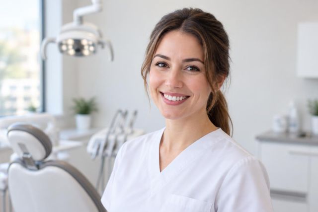 Smiling dental professional standing in modern clinic with dental chair and equipment background.