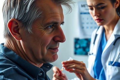 In the image, there is an older man sitting in front of a woman who appears to be a medical professional. They are in a room with clinical decor and equipment. The man looks concerned as he speaks with the woman.