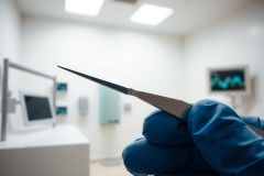 Medical professional in blue scrubs examines a patient with ultrasound equipment in a bright, modern clinic. Focus on diagnostics and healthcare technology.