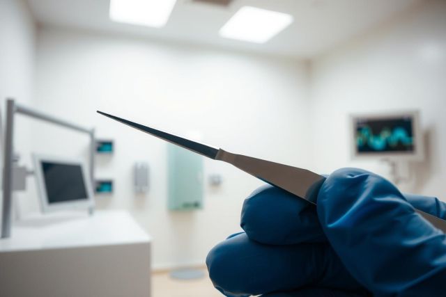 Medical professional in blue scrubs examines a patient with ultrasound equipment in a bright, modern clinic. Focus on diagnostics and healthcare technology.