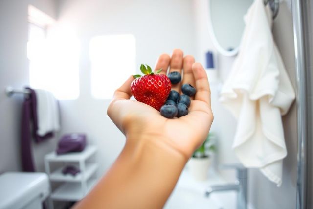 Close-up of a hand holding fresh strawberries and blueberries. Bright, natural light highlights the ripe fruit. A bathroom setting with towels and a sink is visible in the background. Healthy snack, fruit, vibrant colors.