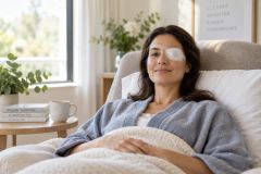 Patient reclining with eye patch, relaxed in a bright recovery room at home.
