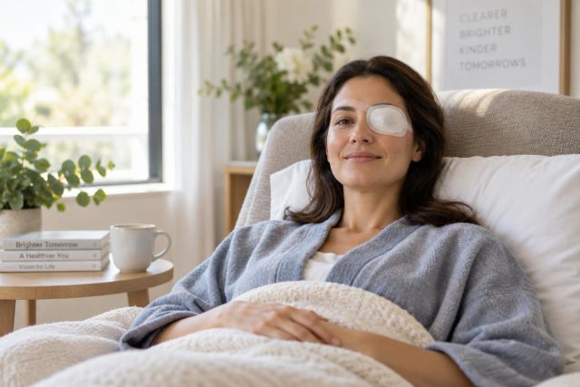 Patient reclining with eye patch, relaxed in a bright recovery room at home.