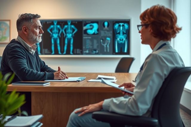 The image depicts a professional office setting where two individuals are engaged in what appears to be a business or medical meeting. The person on the left side of the image is seated at a desk facing another individual who is standing near the right edge of the frame.