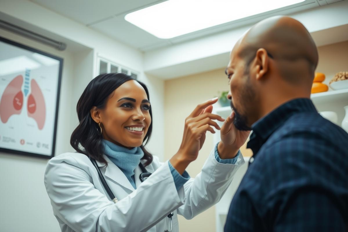 Doctor examining patient in clinic. Healthcare professional performs a physical assessment, likely checking lungs. Medical setting with chart visible. Warm lighting, professional atmosphere.