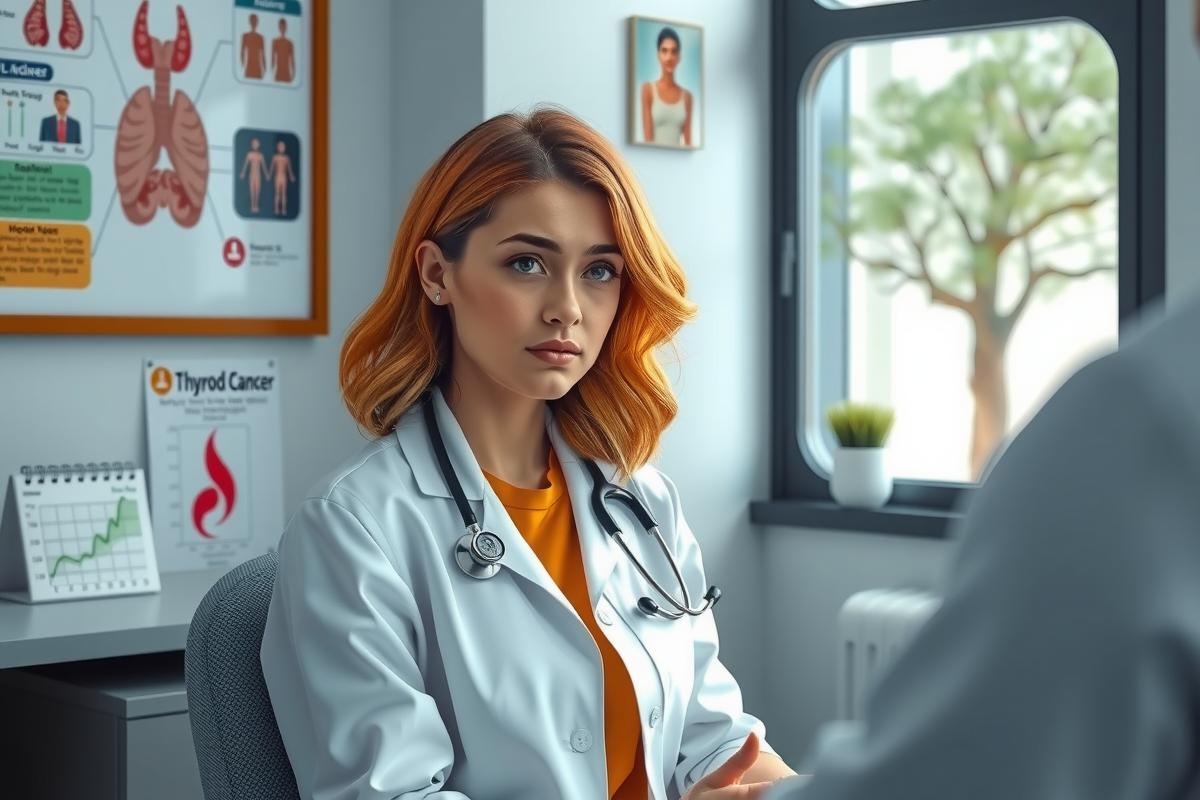 The image portrays a young female doctor in her office. She is seated at a desk with a patient across from her, who appears to be engaged in a medical consultation. The doctor's attire includes a white coat and stethoscope, which signify her profession. The office has a modern design with medical posters on the wall providing context for the setting.