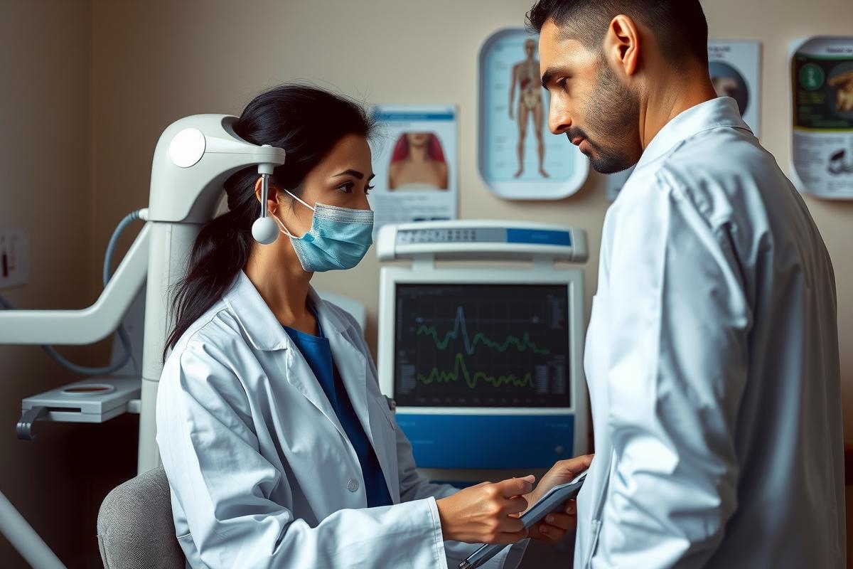 Two doctors in a medical setting with diagnostic equipment. One doctor is wearing a mask and the other is holding paperwork, suggesting a discussion or review of patient information.