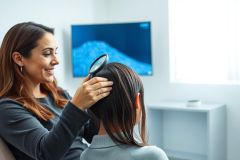 Dermatologist examining a patient's scalp with a magnifying glass in a modern clinic. A woman receives a skin check, highlighting preventative healthcare and skin cancer screening. Features a clean, bright environment with a TV displaying a skin image.
