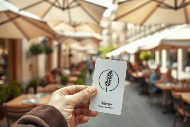 Hand holding an allergy card in front of a bustling outdoor cafe. The background features rows of tables, umbrellas, and greenery, creating a warm, sunny atmosphere. Focus is on the card, highlighting food allergy awareness and dining safely in public spaces. Beige and green tones dominate the scene.