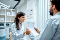 Doctor examining patient's medical records in a bright, modern clinic. A woman in a white coat discusses paperwork with a male patient. Healthcare setting, professional consultation.