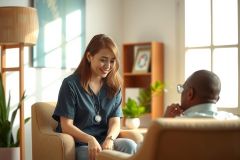 Therapist and patient in a counseling session. Woman in scrubs sits facing a man in a brightly lit office with plants and modern decor. Focus on mental health, therapy, and communication.