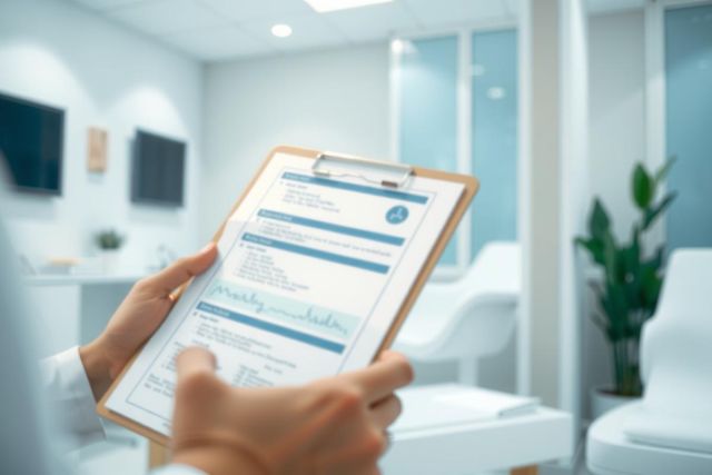 Person holding a clipboard in a modern office setting. The room features a neutral color palette with white walls, comfortable seating, and a clean, professional atmosphere. Focus on document review and workplace environment.