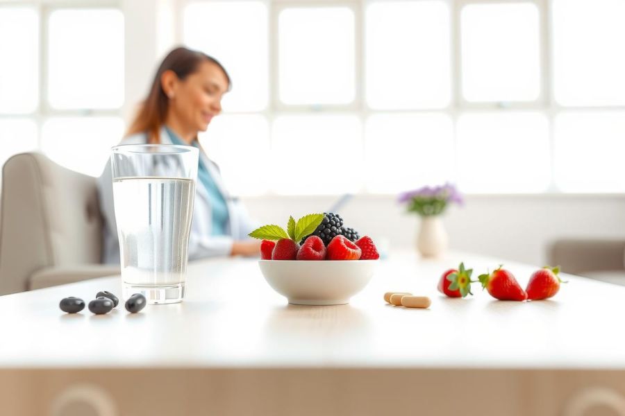 Fresh strawberries and blueberries in a white bowl with a glass of water, suggesting healthy eating and a wellness theme. Soft lighting and a blurred background create a serene atmosphere.