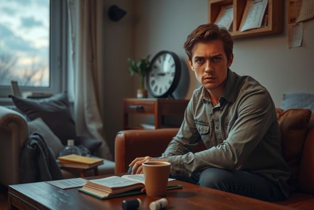 The image depicts a young man in a living room, seated on a couch. He appears to be in thoughtful contemplation with a slight frown on his face. The man is dressed casually, wearing a long-sleeve shirt and jeans. In front of him on the coffee table are two cups, possibly containing hot beverages such as tea or coffee. 