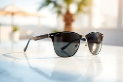 Stylish black and silver sunglasses resting on a white surface. Bright sunlight and a blurred outdoor background suggest a summer day. A fashionable accessory perfect for sunny weather and outdoor activities.