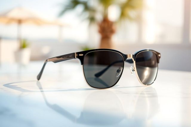 Stylish black and silver sunglasses resting on a white surface. Bright sunlight and a blurred outdoor background suggest a summer day. A fashionable accessory perfect for sunny weather and outdoor activities.