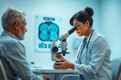 Doctor examining a patient while using a microscope in a medical lab. The image showcases healthcare, diagnostics, and medical research with a focus on patient care in a clinical setting. Cool blue tones and a modern aesthetic create a professional atmosphere.