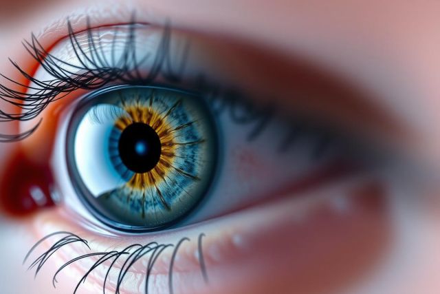 Close-up of a human eye with iris and pupil visible, reflecting light. The eye is surrounded by skin tones indicative of an individual's face.