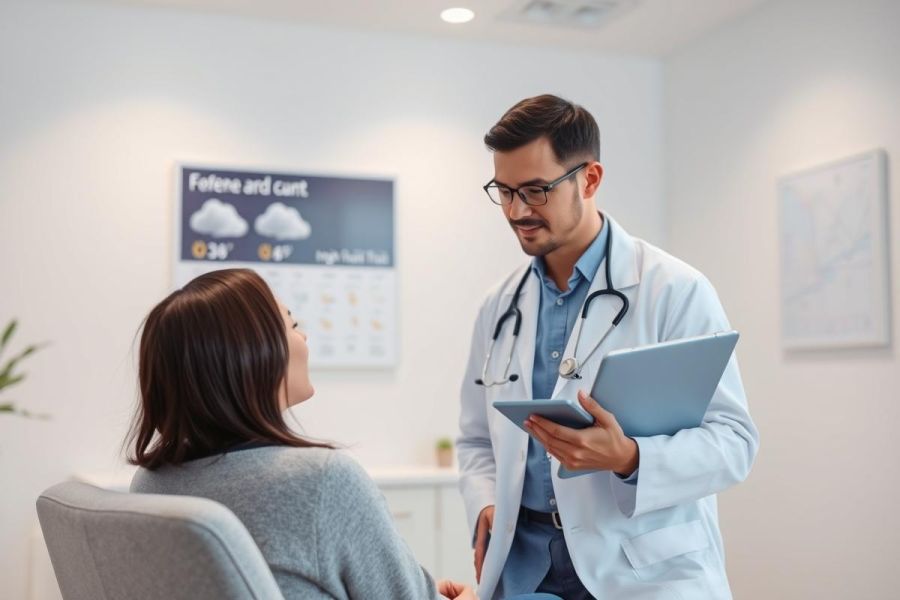 Doctor consults with patient in a modern clinic. Male physician in white coat uses a tablet during an appointment. Neutral colors, clean environment, healthcare setting. Focus on medical consultation and patient care.