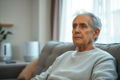 Pensive senior man with gray hair sits on a gray couch near a window. The image evokes feelings of contemplation and possibly loneliness, set in a modern, softly lit interior with neutral tones. Ideal for themes of aging, reflection, or home life.