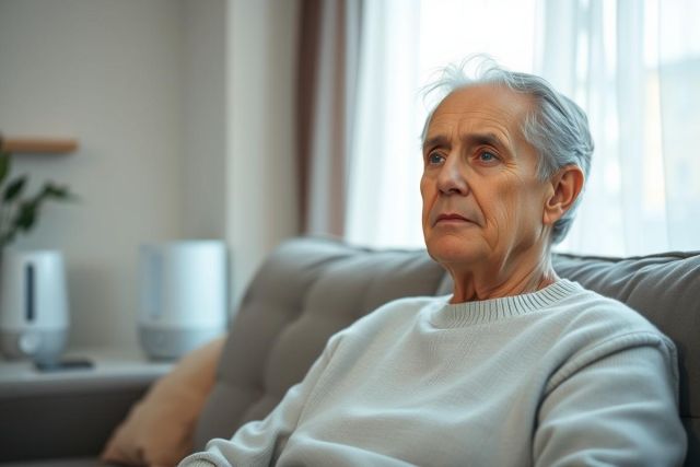 Pensive senior man with gray hair sits on a gray couch near a window. The image evokes feelings of contemplation and possibly loneliness, set in a modern, softly lit interior with neutral tones. Ideal for themes of aging, reflection, or home life.