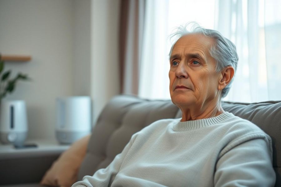 Pensive senior man with gray hair sits on a gray couch near a window. The image evokes feelings of contemplation and possibly loneliness, set in a modern, softly lit interior with neutral tones. Ideal for themes of aging, reflection, or home life.