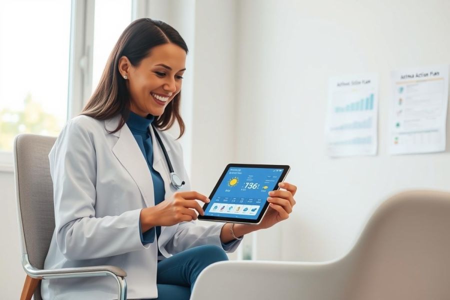 A smiling female doctor in a white coat uses a tablet in a bright, modern medical office. Charts are visible on the wall. Focus on healthcare technology, patient care, and a professional work environment. Blue and white color scheme.