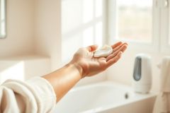 Close-up of a hand holding a dollop of white cream or lotion in a bright, sunlit bathroom. Focus on skincare, beauty, and self-care. Clean white aesthetic with a dispenser and window visible in the background.