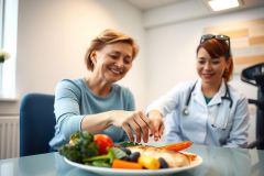 A doctor discusses a healthy meal plan with a patient. The plate contains fish, vegetables, and salad, showcasing a focus on nutrition and wellness in a medical setting.