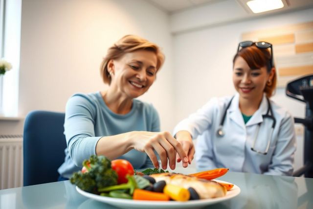 A doctor discusses a healthy meal plan with a patient. The plate contains fish, vegetables, and salad, showcasing a focus on nutrition and wellness in a medical setting.