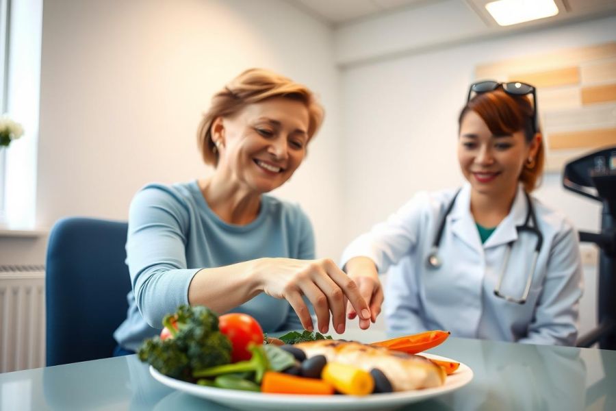 A doctor discusses a healthy meal plan with a patient. The plate contains fish, vegetables, and salad, showcasing a focus on nutrition and wellness in a medical setting.