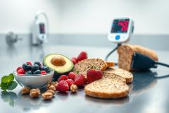 Healthy food and blood pressure monitor. Fresh berries, avocado, whole wheat bread, and nuts arranged on a counter. Focus on heart health, wellness, and nutritious eating. Bright colors and clean, modern kitchen setting.