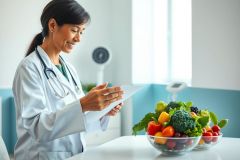 A smiling female doctor in a white coat reviews patient notes in a bright, modern clinic. Bowls of fresh, colorful fruits and vegetables are prominently displayed, suggesting healthy eating and nutrition. Medical consultation, wellness, and healthy lifestyle themes are evident.