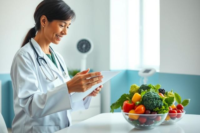 A smiling female doctor in a white coat reviews patient notes in a bright, modern clinic. Bowls of fresh, colorful fruits and vegetables are prominently displayed, suggesting healthy eating and nutrition. Medical consultation, wellness, and healthy lifestyle themes are evident.