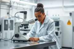 Scientist working with a microscope in a modern laboratory. The image showcases scientific research, analysis, and a clean, white environment. Focus on laboratory equipment and a female researcher.