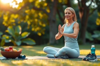 The image shows a woman in a grey yoga outfit sitting on the grass, practicing yoga. She is seated comfortably with her hands clasped together as part of her pose, indicating a meditative or mindfulness moment.