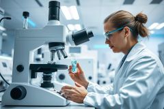 Scientist in a modern laboratory examines a sample under a microscope. The image depicts research, science, and medical analysis with a focus on a clean, white environment and blue accents. A woman in a lab coat conducts scientific work.