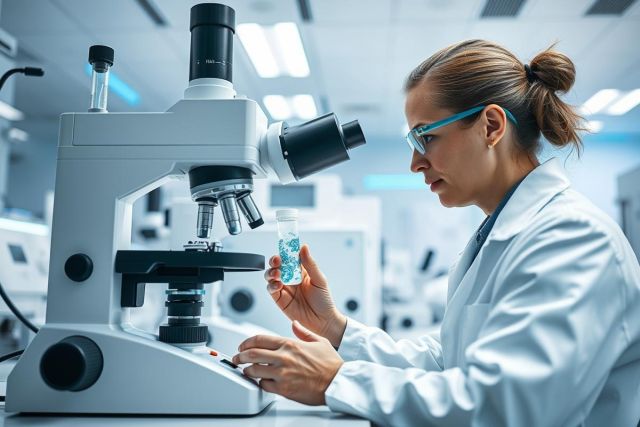 Scientist in a modern laboratory examines a sample under a microscope. The image depicts research, science, and medical analysis with a focus on a clean, white environment and blue accents. A woman in a lab coat conducts scientific work.