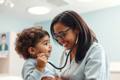 A smiling doctor examines a toddler with a stethoscope in a bright, modern clinic. The image showcases a pediatric healthcare check-up, featuring a diverse doctor and child. Blue and white tones create a calming atmosphere, emphasizing health and wellness.
