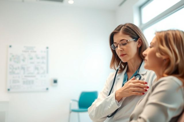 Doctor examining patient in a bright, modern clinic. The image shows a female physician using a stethoscope on a female patient during a checkup. Clean white walls and a teal chair create a professional healthcare environment. Focus on medical care and wellness.