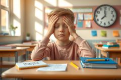 The image depicts a young student sitting at a desk with his hands on his temples, appearing to be in distress or deep thought. The environment is an indoor classroom setting with wooden desks and chairs, books, notebooks, and other educational materials scattered about.