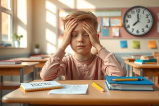 The image depicts a young student sitting at a desk with his hands on his temples, appearing to be in distress or deep thought. The environment is an indoor classroom setting with wooden desks and chairs, books, notebooks, and other educational materials scattered about.