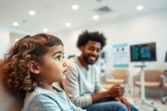 A young girl with curly hair and her father are at an eye exam. The scene takes place in a bright, modern ophthalmology clinic with comfortable seating and eye testing equipment. Warm tones and a focus on family healthcare create a welcoming atmosphere.
